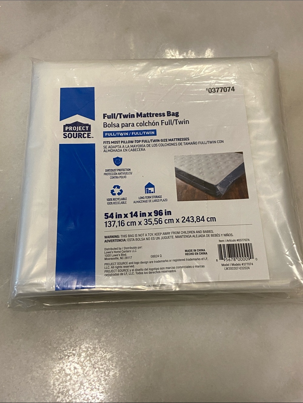 Full/Twin Mattress Bag Plastic Cover